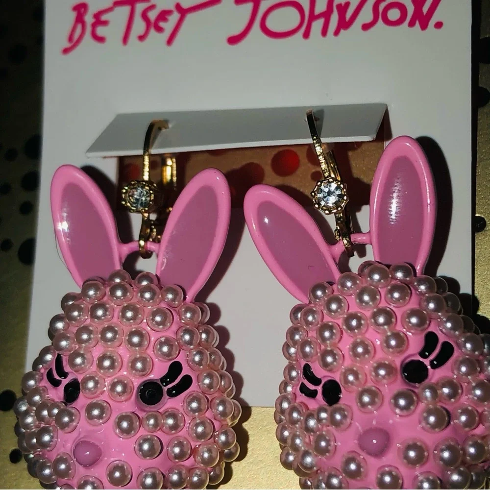 Authentic Betsey Johnson Earrings, Pink Enamel Bunny Pearl Beaded Rhinestone NWT